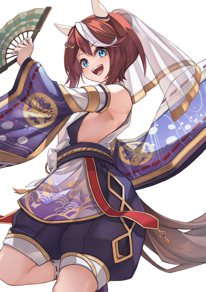 1girl animal_ears bare_shoulders blue_eyes blush breasts brown_hair commentary_request cowboy_shot detached_sleeves ear_covers ear_ornament hair_between_eyes hand_fan highres holding holding_fan horse_ears horse_girl jewelry long_sleeves looking_at_viewer m2ecfwquxjpyn5y multicolored_hair necklace official_alternate_costume official_alternate_hairstyle open_mouth ponytail shirt short_hair sideless_shirt simple_background sleeveless sleeveless_shirt small_breasts smile solo streaked_hair tokai_teio_(dream_butterfly_of_purple_clouds)_(umamusume) tokai_teio_(umamusume) umamusume veil white_background white_hair white_shirt wide_sleeves