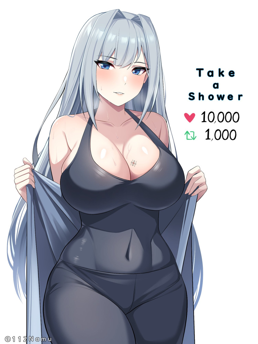1girl bare_shoulders blue_eyes breasts cleavage collarbone covered_navel ethel_(xenoblade) grey_hair hair_intakes highres large_breasts light_blush long_hair looking_at_viewer meme namu_(112namu) navel parted solo teeth twitter_strip_game_(meme) undressing very_long_hair xenoblade_chronicles_(series) xenoblade_chronicles_3