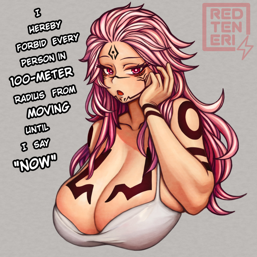 1girl absurdres breasts english_text genderswap genderswap_(mtf) grey_background highres jujutsu_kaisen large_breasts pink_hair red_eyes redteneri ryoumen_sukuna_(jujutsu_kaisen) solo tank_top tattoo white_tank_top