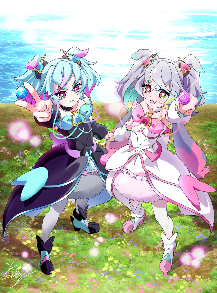 2girls :3 absurdres animal_ears ankle_boots aqua_hair arm_up artist_logo black_choker black_footwear black_sleeves blue_hair boots bright_pupils brooch brown_eyes choker closed_mouth commentary_request commission cure_puca cure_supreme detached_sleeves dress grass grey_hair hair_ornament highres holding holding_hands jewelry looking_at_viewer magical_girl medium_dress medium_hair multiple_girls ocean open_mouth pantyhose partial_commentary pink_hair precure precure_all_stars_f preme_(precure) puca_(precure) purple_eyes side-by-side signature skeb_commission smile sparkle standing strapless strapless_dress tirofinire twintails two-tone_dress v white_choker white_dress white_footwear white_pantyhose white_pupils white_sleeves