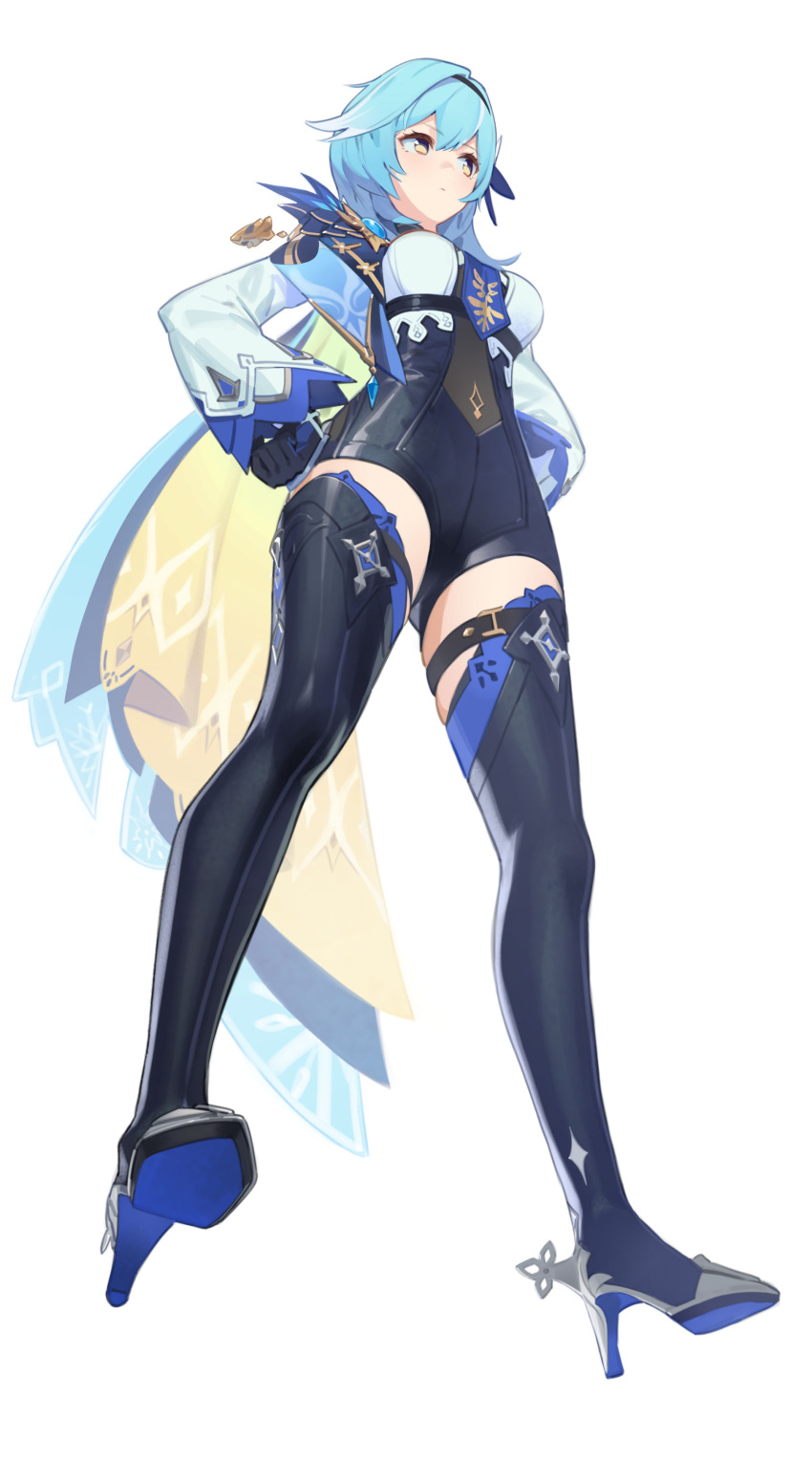 absurdres aqua_hair black_gloves boots clenched_hand ddal eula_(genshin_impact) full_body genshin_impact gloves hairband hand_on_hip high_heel_boots high_heels highres simple_background standing thigh_boots white_background yellow_eyes