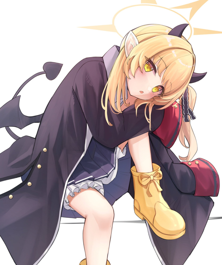 1girl :o black_coat black_horns black_ribbon black_tail black_wings blonde_hair bloomers blue_archive blush boots bow coat demon_girl demon_horns demon_tail demon_wings foot_out_of_frame footwear_bow hair_ribbon halo head_on_knee head_rest highres horns ibuki_(blue_archive) long_hair looking_at_viewer low_wings open_clothes open_coat oversized_clothes parted_lips pointy_ears ribbon ricke_2002 rubber_boots simple_background sitting sleeves_past_fingers sleeves_past_wrists solo sparkling_eyes tail white_background white_bloomers wings yellow_eyes yellow_footwear yellow_halo