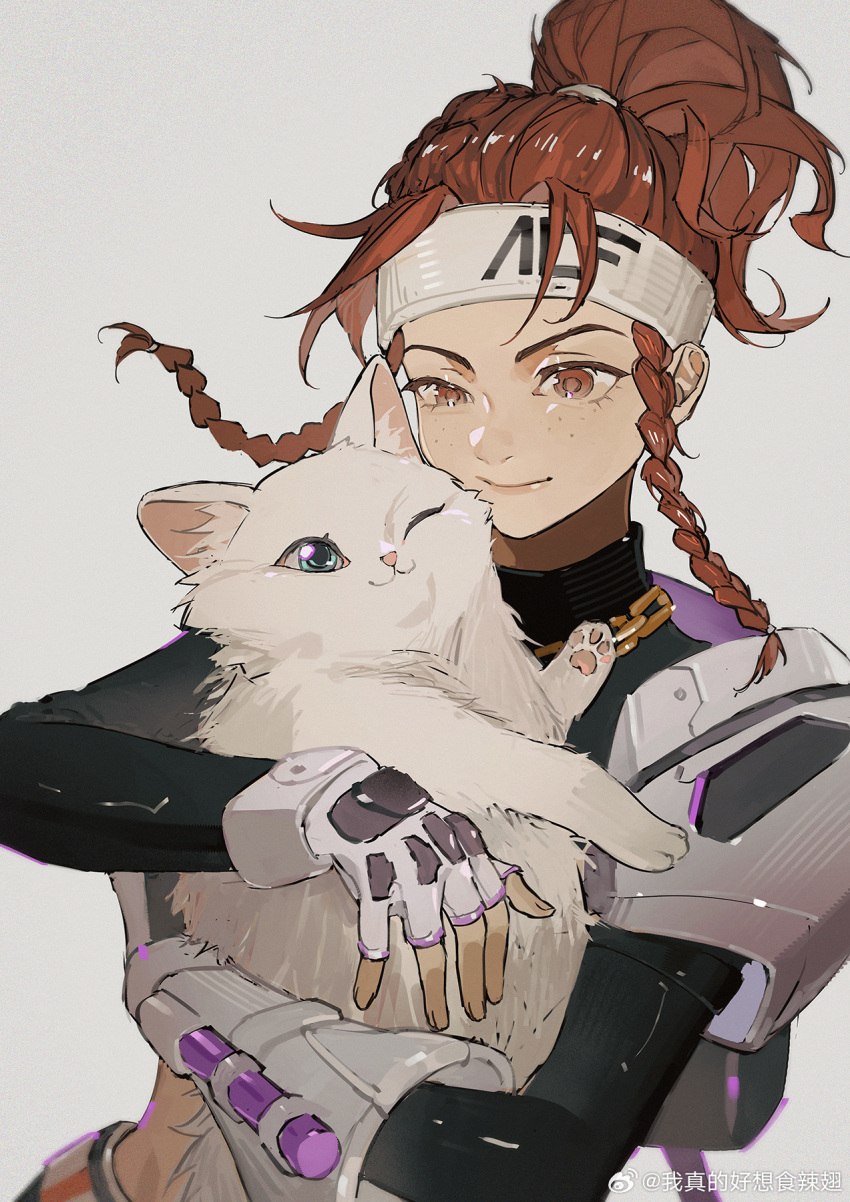 1girl akihare animal armor black_shirt braid brigitte_(overwatch) brown_eyes brown_hair cat chain_necklace closed_mouth elbow_gloves fingerless_gloves gloves grey_background half-closed_eye headband highres holding holding_animal jewelry long_hair long_sleeves looking_at_viewer necklace one_eye_closed overwatch overwatch_2 ponytail shirt shoulder_armor simple_background single_elbow_glove solo twin_braids upper_body weibo_logo weibo_username white_cat white_gloves white_headband