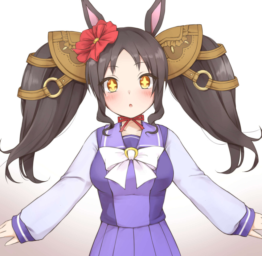 +_+ 1girl :o animal_ears black_hair blush bow breasts brown_background brown_eyes collarbone commentary_request gradient_background highres hitotsuki_no_yagi horse_ears long_hair long_sleeves looking_at_viewer marvelous_sunday_(umamusume) medium_breasts parted_bangs parted_lips pleated_skirt puffy_long_sleeves puffy_sleeves purple_shirt purple_skirt shirt sidelocks skirt sleeves_past_wrists solo twintails umamusume white_background white_bow