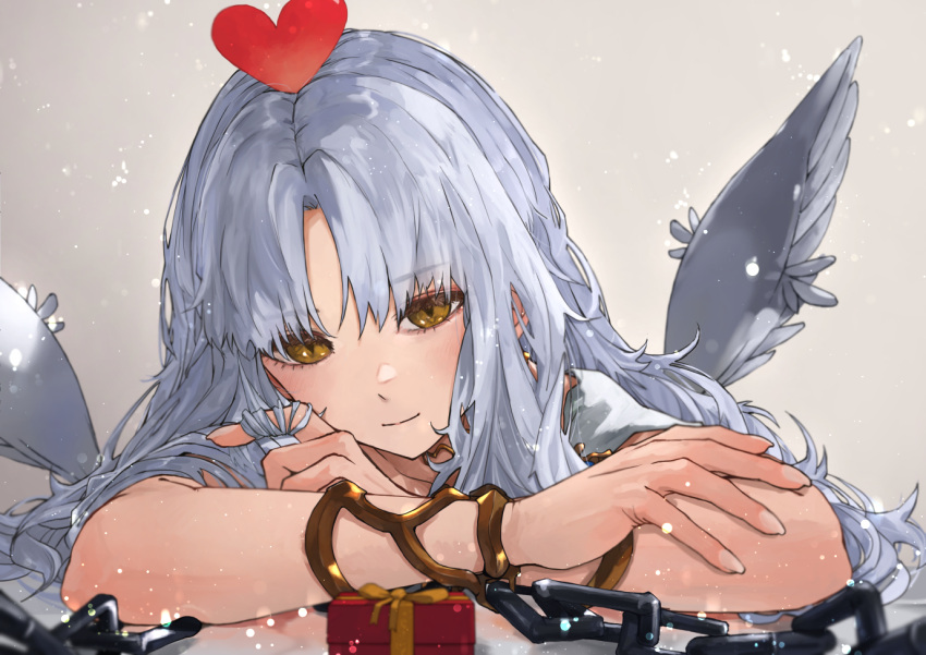 1girl bracelet brown_eyes caren_hortensia caren_hortensia_(amor_caren) caren_hortensia_(amor_caren)_(first_ascension) chain fate/grand_order fate_(series) feathered_wings fingernails gift grey_hair hair_twirling heart jewelry kdm_(ke_dama) long_hair playing_with_own_hair smile wings