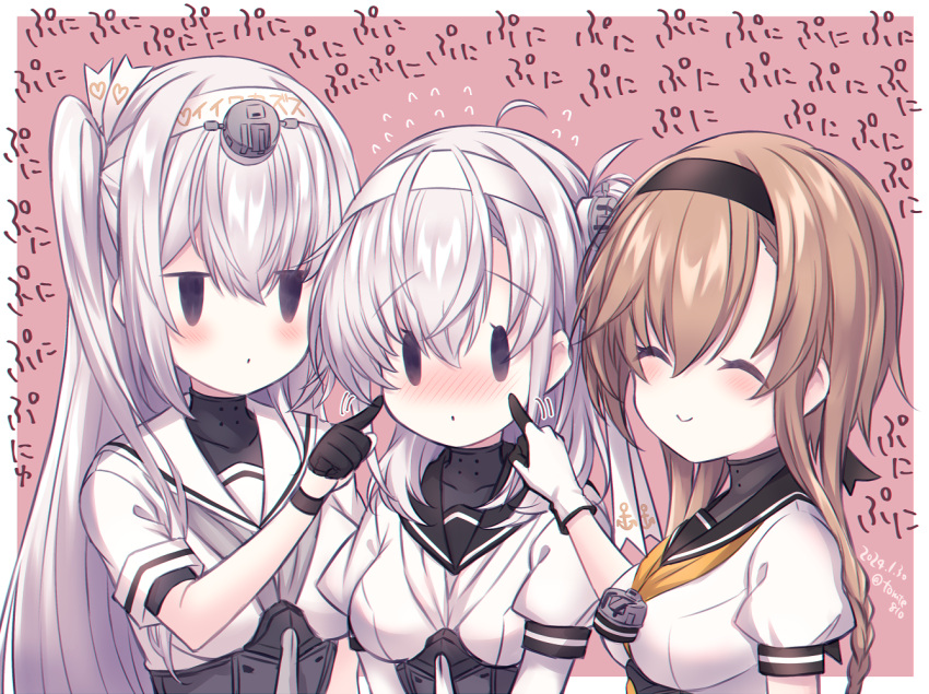 2girls black_hairband black_sailor_collar braid breasts cheek_poking closed_eyes fuyutsuki_(kancolle) gloves hairband kabocha_torute kantai_collection light_brown_hair long_hair medium_breasts multicolored_clothes multicolored_gloves multiple_girls neckerchief one_side_up poking sailor_collar smile solid_oval_eyes suzutsuki_(kancolle) teruzuki_(kancolle) twin_braids white_hairband white_neckerchief white_sailor_collar yellow_neckerchief