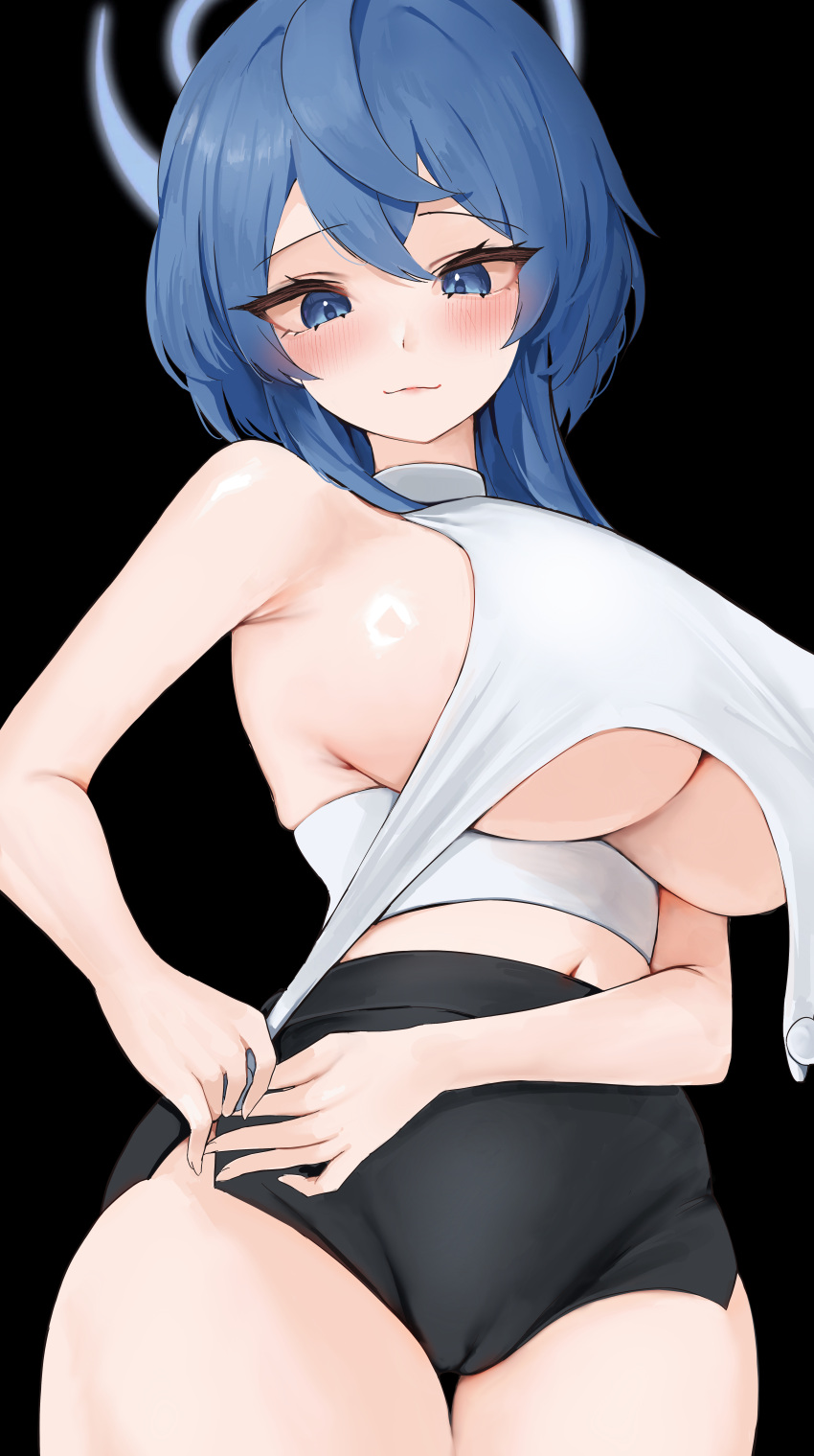 1girl absurdres ako_(blue_archive) black_skirt blue_archive blue_eyes blue_hair blue_halo blush breasts closed_mouth clothing_request cowboy_shot fluffyebi01 hair_between_eyes halo highres large_breasts long_hair navel sideboob skirt smile solo thigh_gap thighs underboob