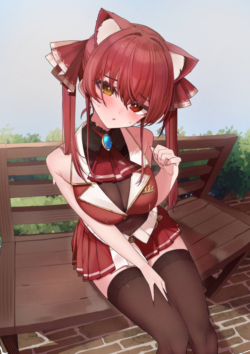 1girl absurdres animal_ear_fluff animal_ears ascot bare_shoulders black_thighhighs blush breasts cat_ears cat_girl choker cleavage covered_navel cropped_jacket frilled_choker frills hair_between_eyes hair_ribbon heterochromia highres hololive houshou_marine houshou_marine_(1st_costume) jacket lace-trimmed_legwear lace_trim large_breasts leather_belt leotard leotard_under_clothes long_hair looking_at_viewer open_mouth pleated_skirt red_ascot red_eyes red_hair red_jacket red_ribbon red_skirt ribbon see-through see-through_cleavage see-through_leotard sitting_on_bench skirt sleeveless sleeveless_jacket smile solo thighhighs twintails virtual_youtuber yellow_eyes yuzuyukiha zettai_ryouiki