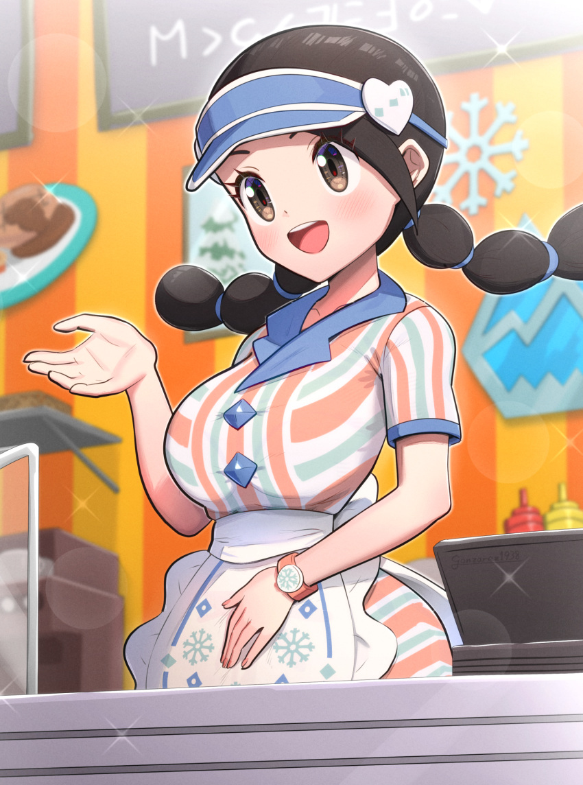 1girl :d absurdres apron black_hair braid breasts brown_eyes candice_(palentine's_2024)_(pokemon) candice_(pokemon) dress eyelashes gonzarez highres indoors large_breasts long_hair official_alternate_costume open_mouth pokemon pokemon_masters_ex short_sleeves smile solo teeth twin_braids upper_teeth_only visor_cap waist_apron white_apron