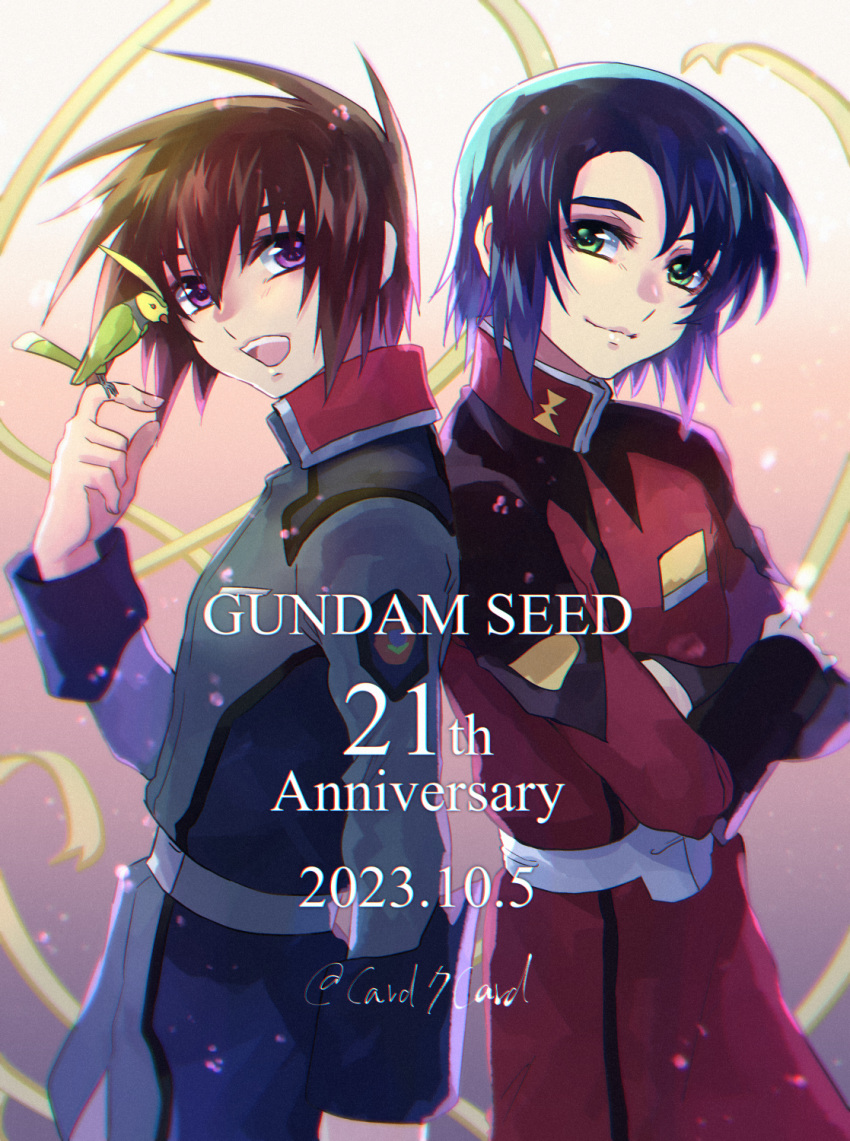 2boys animal_on_finger anniversary athrun_zala bird blue_hair brown_hair crossed_arms dated green_eyes gundam gundam_seed highres kira_yamato looking_at_viewer military_uniform multiple_boys non-humanoid_robot purple_eyes red_uniform robot robot_animal smile torii_(gundam) uniform yuuka_seisen