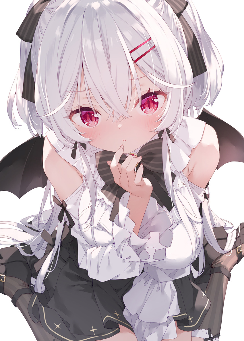 1girl :&lt; bare_shoulders bat_wings black_footwear black_skirt black_wings bow breasts closed_mouth clothing_cutout commentary_request finger_to_mouth hair_between_eyes hair_bow hair_ornament hairclip hand_up highres kani_biimu long_sleeves looking_at_viewer maiban_chu_shite_dereru_kyuuketsuki_no_ohimesama medium_breasts pleated_skirt red_eyes revision shirt shoes shoulder_cutout simple_background sitting skirt socks solo striped_bow striped_clothes striped_socks tetra_von_valflayer vertical-striped_clothes vertical-striped_socks wariza white_background white_shirt wings