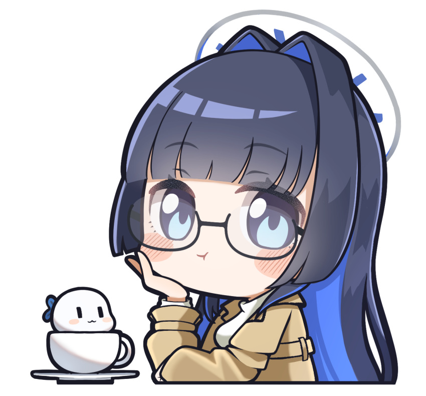 :t black-framed_eyewear blue_eyes blue_hair blush_stickers boros_(ouro_kronii) breasts brown_coat chibi closed_mouth coat commentary_request cropped_torso cup glasses hair_intakes hand_up highres hololive hololive_english long_hair long_sleeves looking_at_viewer medium_breasts moja_(mojya_777) ouro_kronii saucer semi-rimless_eyewear shirt simple_background under-rim_eyewear upper_body very_long_hair virtual_youtuber white_background white_shirt