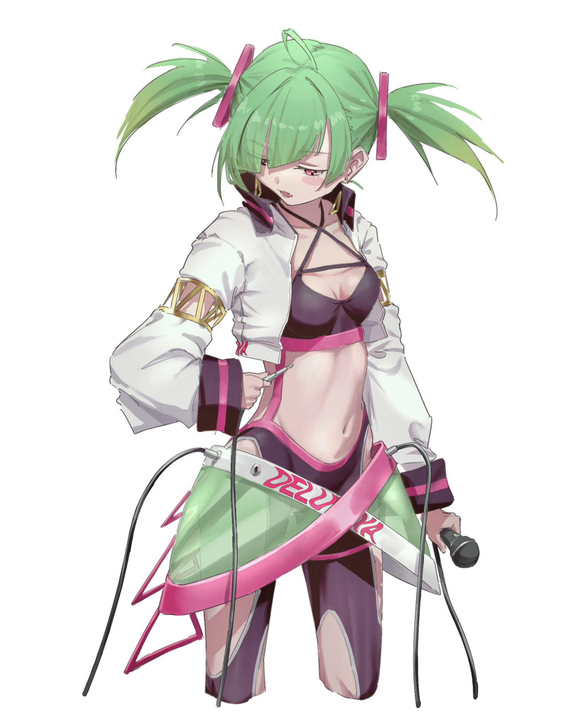 breasts cleavage cropped_legs delutaya delutaya_(1st_costume) green_hair highres indie_virtual_youtuber jacket long_hair long_sleeves medium_breasts navel official_alternate_costume open_clothes open_jacket open_mouth pink_eyes short_twintails simple_background skirt standing twintails white_background white_jacket yo_na