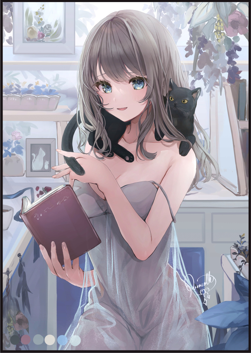 1girl animal_on_shoulder bangs bare_arms bare_shoulders black_border black_cat blue_eyes blue_flower blush book border cat collarbone commentary_request dress flower grey_dress grey_hair highres holding holding_book indoors looking_at_viewer open_book original puracotte see-through signature sleeveless sleeveless_dress smile solo strap_slip