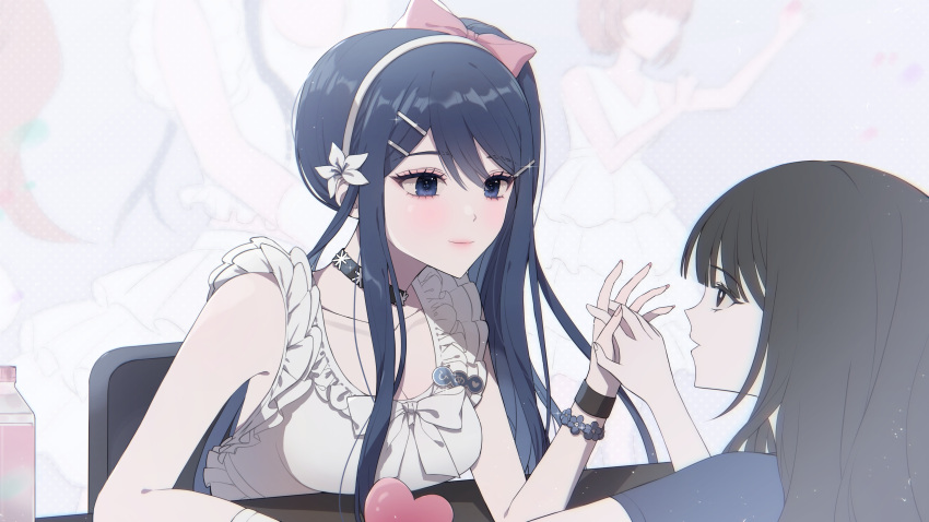 2girls absurdres bare_shoulders black_choker blue_hair bow breasts choker cleavage collarbone danganronpa:_trigger_happy_havoc danganronpa_(series) dress eye_contact flower hair_bow hair_flower hair_ornament hairclip hanchi_hachi hand_up highres holding_hands large_breasts long_hair looking_at_another maizono_sayaka multiple_girls official_alternate_costume pink_bow smile white_background white_dress white_flower