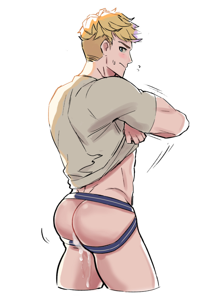 1boy absurdres ass bara black_male_underwear blonde_hair closed_mouth clothes_lift cum cum_on_ass cum_on_male granblue_fantasy grey_shirt highres implied_yaoi jockstrap male_focus male_underwear milkiato muscular muscular_male shirt shirt_lift short_hair simple_background solo underwear undressing vane_(granblue_fantasy) white_background