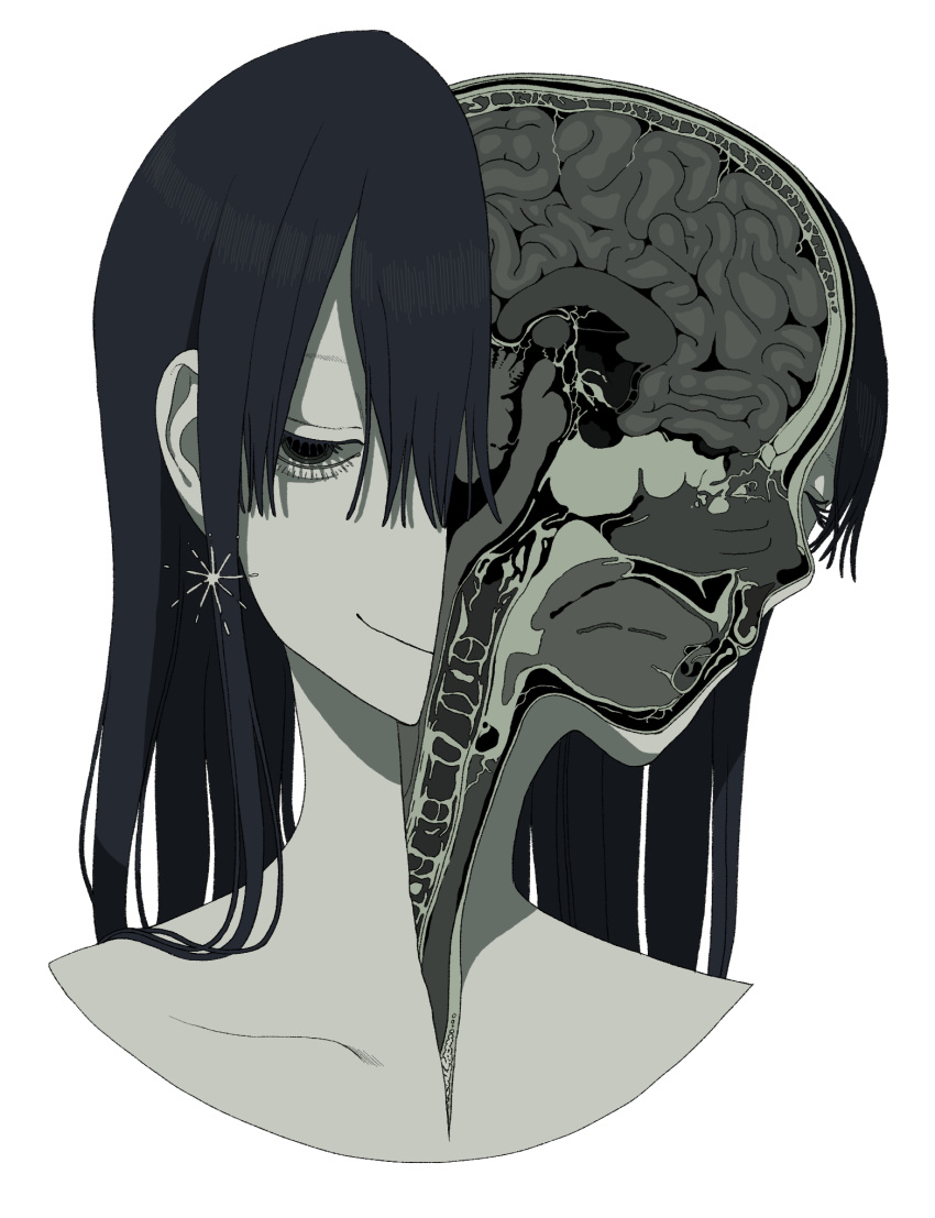 1girl black_eyes black_hair close-up collarbone earrings exposed_brain guro highres horror_(theme) jewelry light_smile long_hair looking_at_viewer one_eye_closed original pale_skin panda23577667 sidelocks simple_background smile star_(symbol) star_earrings white_background