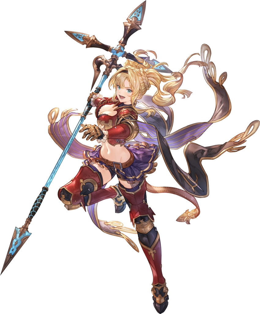 1girl armor armored_boots blonde_hair blue_eyes boots braid breasts cleavage crop_top full_body gauntlets gold_trim granblue_fantasy granblue_fantasy_versus:_rising hair_ornament hairband highres long_hair looking_at_viewer medium_breasts midriff minaba_hideo navel official_art parted_lips pleated_skirt polearm shoulder_armor skirt smile solo spear stomach transparent_background twintails weapon zeta_(granblue_fantasy)