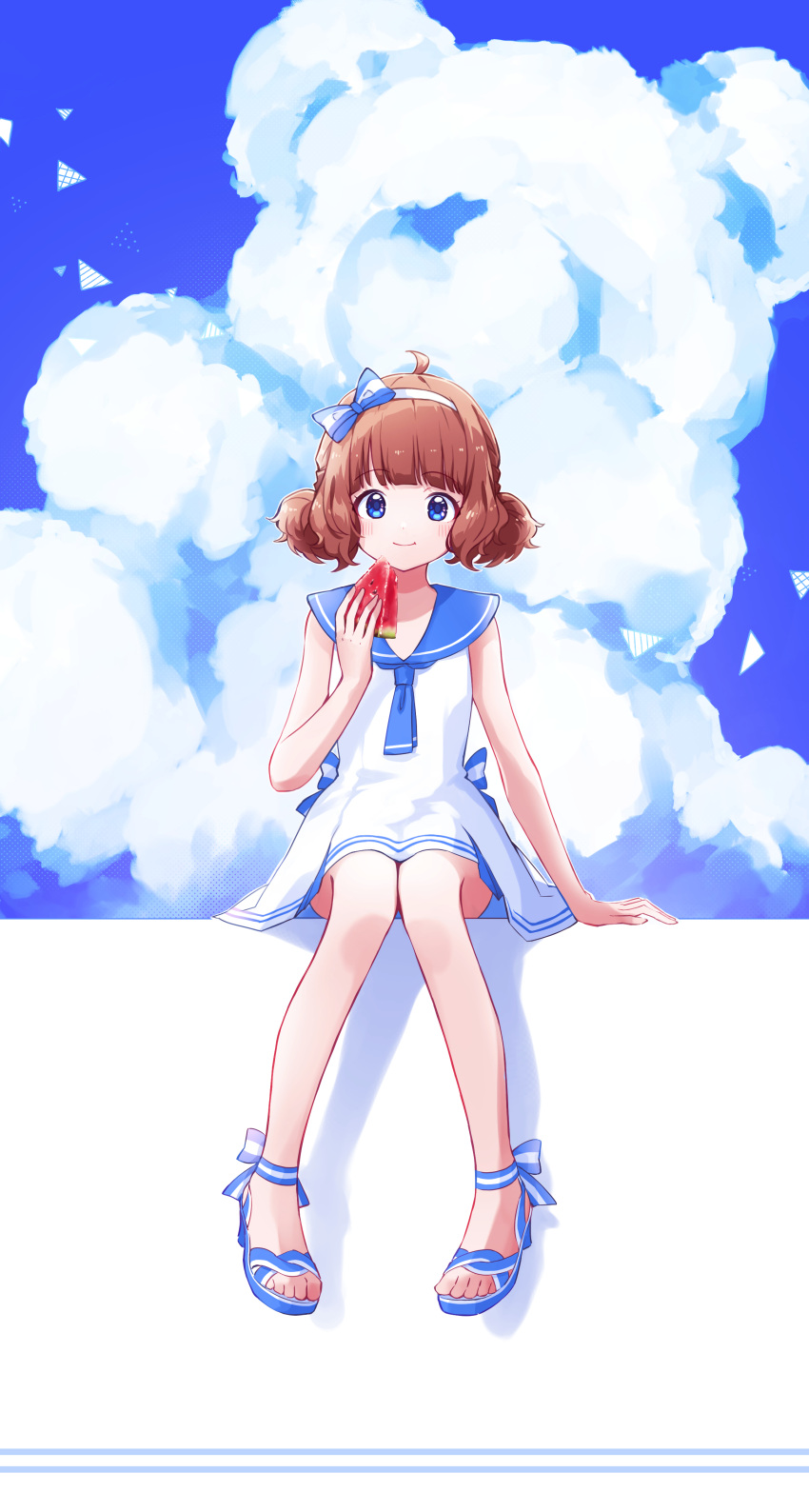1girl absurdres ahoge arm_support bare_legs blue_eyes blue_footwear blue_sailor_collar blush bow_hairband brown_hair cloud dress eating ewokaku33 food fruit hairband highres holding holding_food holding_fruit idolmaster idolmaster_million_live! knees_apart_feet_together looking_at_viewer sailor_collar sailor_dress short_twintails sitting smile solo stuffed_animal stuffed_toy suou_momoko teddy_bear toes twintails watermelon