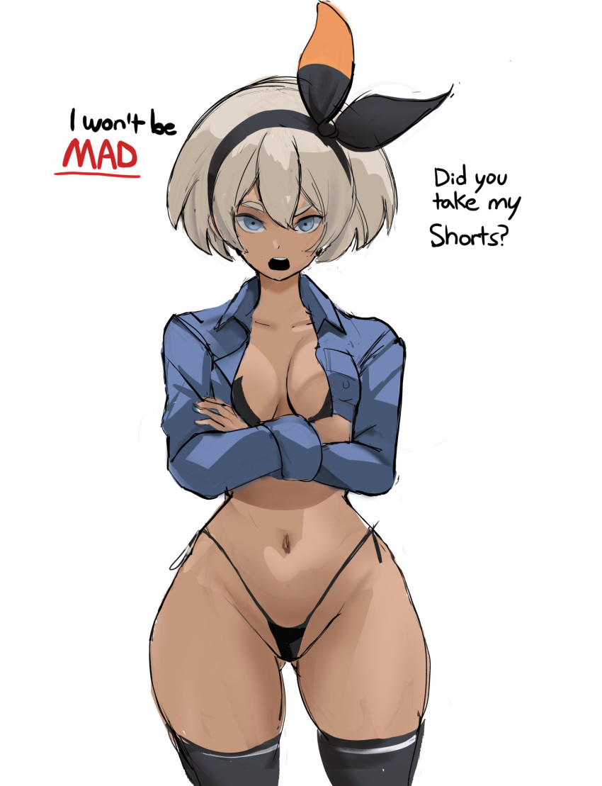 1girl bea_(pokemon) black_bra black_hairband black_panties black_thighhighs blue_shirt bra collarbone collared_shirt cowboy_shot cropped_shirt crossed_arms dark-skinned_female dark_skin english_commentary english_text grey_eyes grey_hair groin hair_between_eyes hairband highleg highleg_panties highres long_sleeves navel open_clothes open_mouth open_shirt panties pokemon pokemon_swsh rakeemspoon shirt short_hair sketch solo thighhighs underwear white_background wide_hips