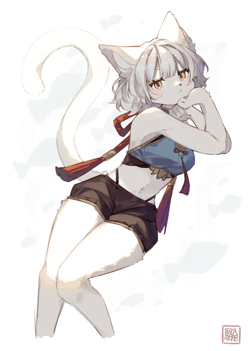 1girl :&lt; absurdres animal_ear_fluff animal_ears animal_nose artist_name bare_arms bare_shoulders black_shorts blue_shirt blunt_bangs cat_ears cat_girl cat_tail crop_top cropped_legs feet_out_of_frame furry furry_female highres kawarage_yatano knees_together_feet_apart looking_at_viewer midriff navel original shirt short_hair shorts simple_background solo tail tassel twisted_torso white_background white_hair yellow_eyes