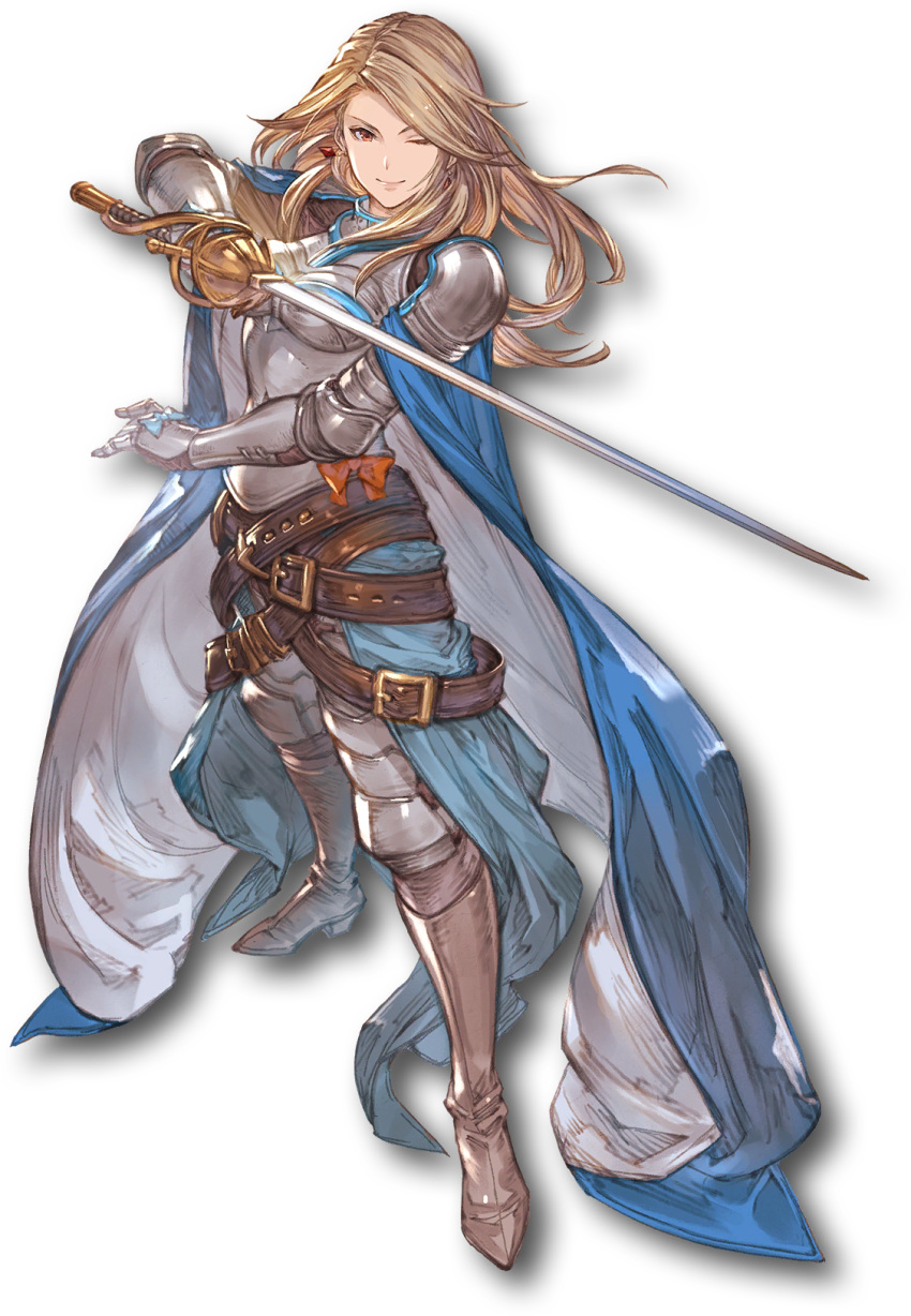 1girl armor armored_boots belt blonde_hair boots breasts brown_eyes cape closed_mouth earrings full_body gauntlets granblue_fantasy granblue_fantasy_versus highres holding holding_sword holding_weapon jewelry katalina_(granblue_fantasy) long_hair looking_at_viewer medium_breasts minaba_hideo multiple_belts official_art one_eye_closed rapier shoulder_armor smile solo sword transparent_background weapon