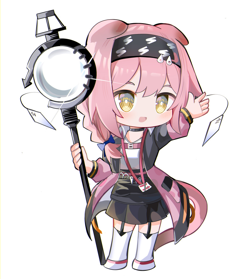 1girl :d absurdres animal_ears arknights arm_up black_hairband black_skirt blue_bow bow braid cat_ears cat_girl cat_tail chibi full_body garter_straps goldenglow_(arknights) hair_bow hairband highres holding holding_staff jacket lightning_bolt_print long_hair long_sleeves open_clothes open_jacket pink_hair pink_jacket print_hairband puffy_long_sleeves puffy_sleeves shirt shoes single_braid skirt smile solo spam_(spamham4506) staff standing tail thighhighs white_footwear white_shirt white_thighhighs yellow_eyes