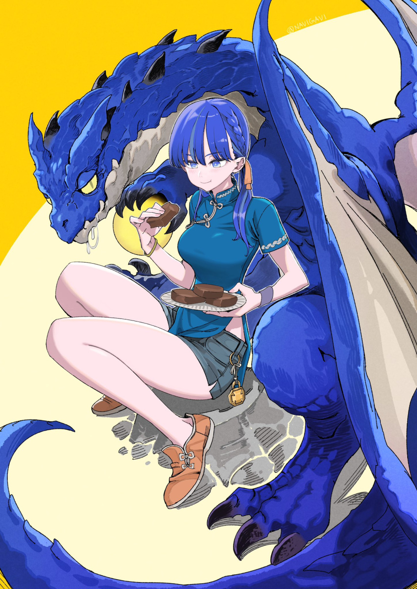 1girl bare_legs between_legs blue_dress blue_eyes blue_hair blue_theme bracelet braid breasts brown_footwear china_dress chinese_clothes chinese_zodiac closed_mouth dragon dress drooling eating food grey_shorts hair_over_one_eye hand_up highres holding holding_food holding_plate hungry jewelry jun_(navigavi) knees_up long_hair looking_at_another looking_at_hand medium_breasts orb original plate pointy_ears short_sleeves shorts shorts_under_dress side_braid sitting skin_tight smile toggles twintails twitter_username western_dragon wristband year_of_the_dragon yellow_background yellow_eyes