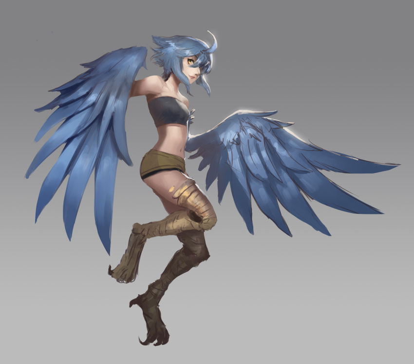 1girl ahoge bandeau blue_hair blue_wings breasts digitigrade feathered_wings feathers full_body grey_background harpy highres josh_corpuz monster_girl monster_musume_no_iru_nichijou navel papi_(monster_musume) scales short_shorts shorts small_breasts smile solo talons winged_arms wings yellow_eyes