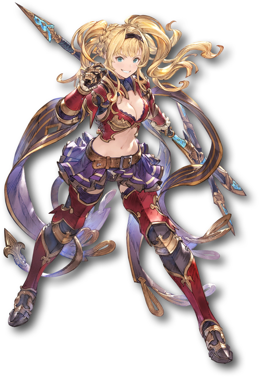 1girl armor armored_boots blonde_hair blue_eyes boots braid breasts cleavage crop_top full_body gauntlets gold_trim granblue_fantasy granblue_fantasy_versus hair_ornament hairband highres long_hair looking_at_viewer medium_breasts midriff minaba_hideo navel official_art parted_lips pleated_skirt polearm shoulder_armor skirt smile solo spear stomach transparent_background twintails weapon zeta_(granblue_fantasy)