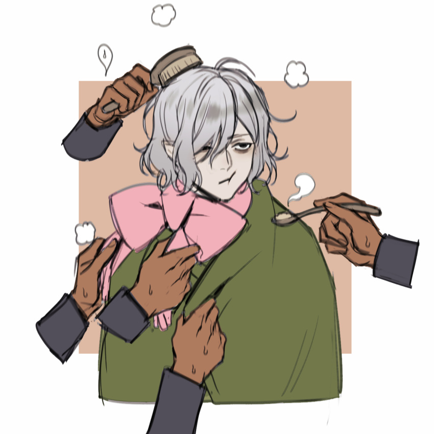 1boy :t adjusting_scarf bags_under_eyes brushing_another's_hair brushing_hair cloak cropped_torso dark-skinned_male dark_skin disembodied_limb dressing_another dungeon_meshi elf feeding green_cloak grey_hair hair_between_eyes hair_brush highres holding holding_hair_brush holding_spoon kabru looking_ahead male_focus messy_hair mithrun notched_ear outside_border pink_scarf pointy_ears reammara scarf short_hair solo_focus spoon steam sweat thai_commentary uneven_eyes
