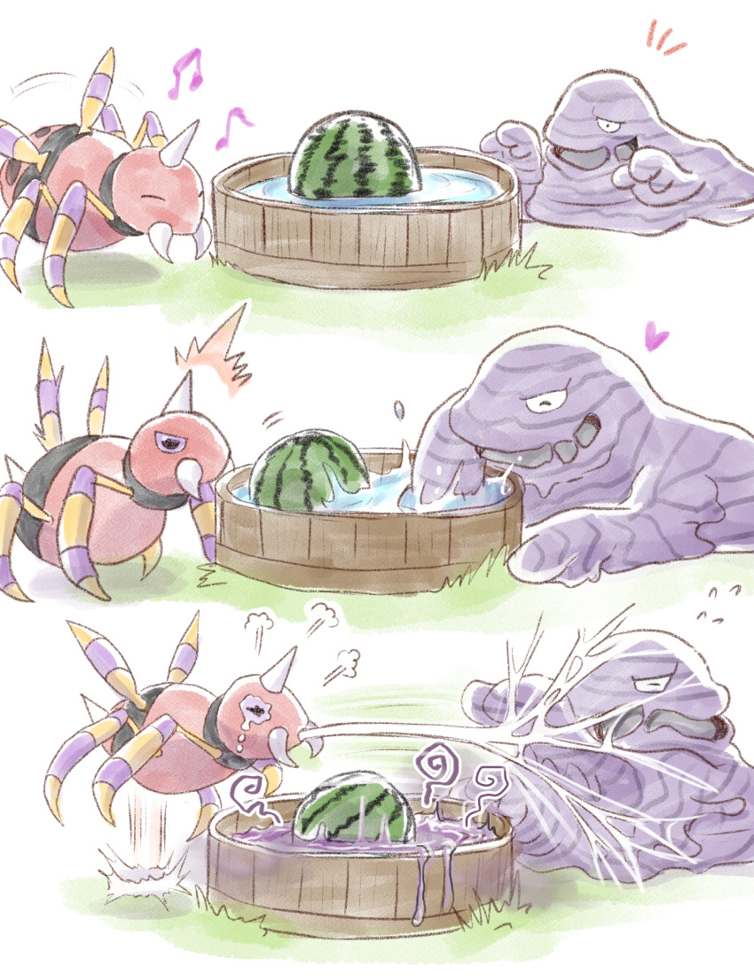 ^^^ ariados black_eyes commentary_request flying_sweatdrops food fruit grass heart highres jumping makita_(mugitya3776) muk musical_note no_humans notice_lines open_mouth pokemon pokemon_(creature) puff_of_air squiggle water watermelon