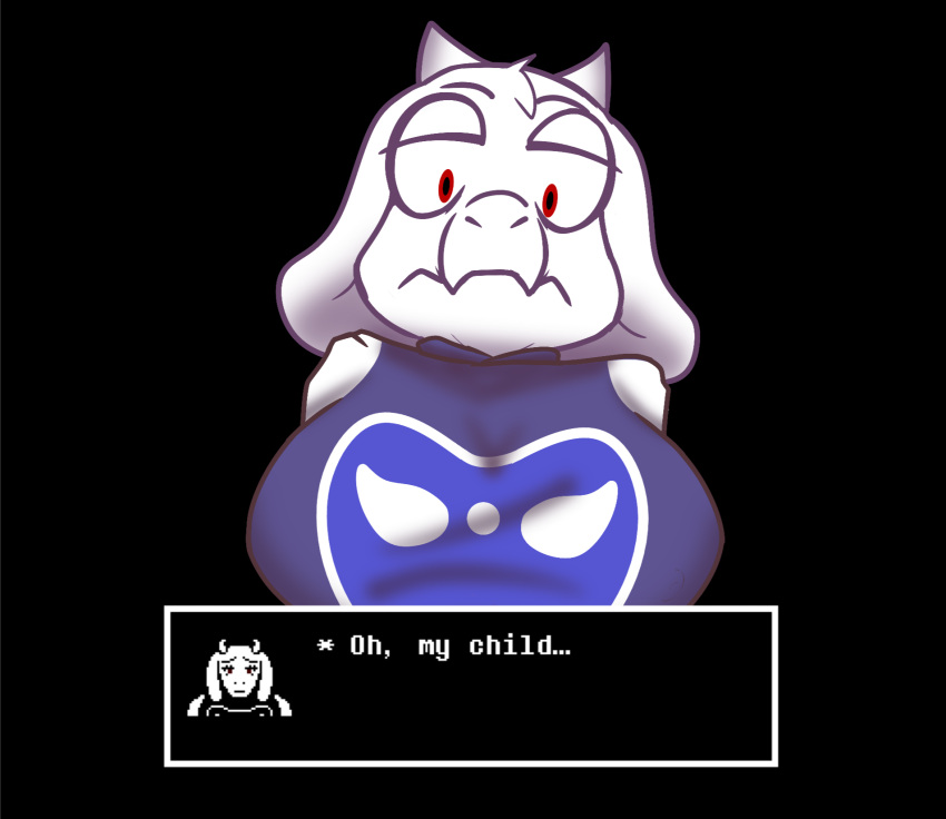 anthro big_breasts breasts clothed clothing female hi_res horn karkrx23 narrowed_eyes purple_clothing red_eyes solo text_box toriel undertale undertale_(series) white_body