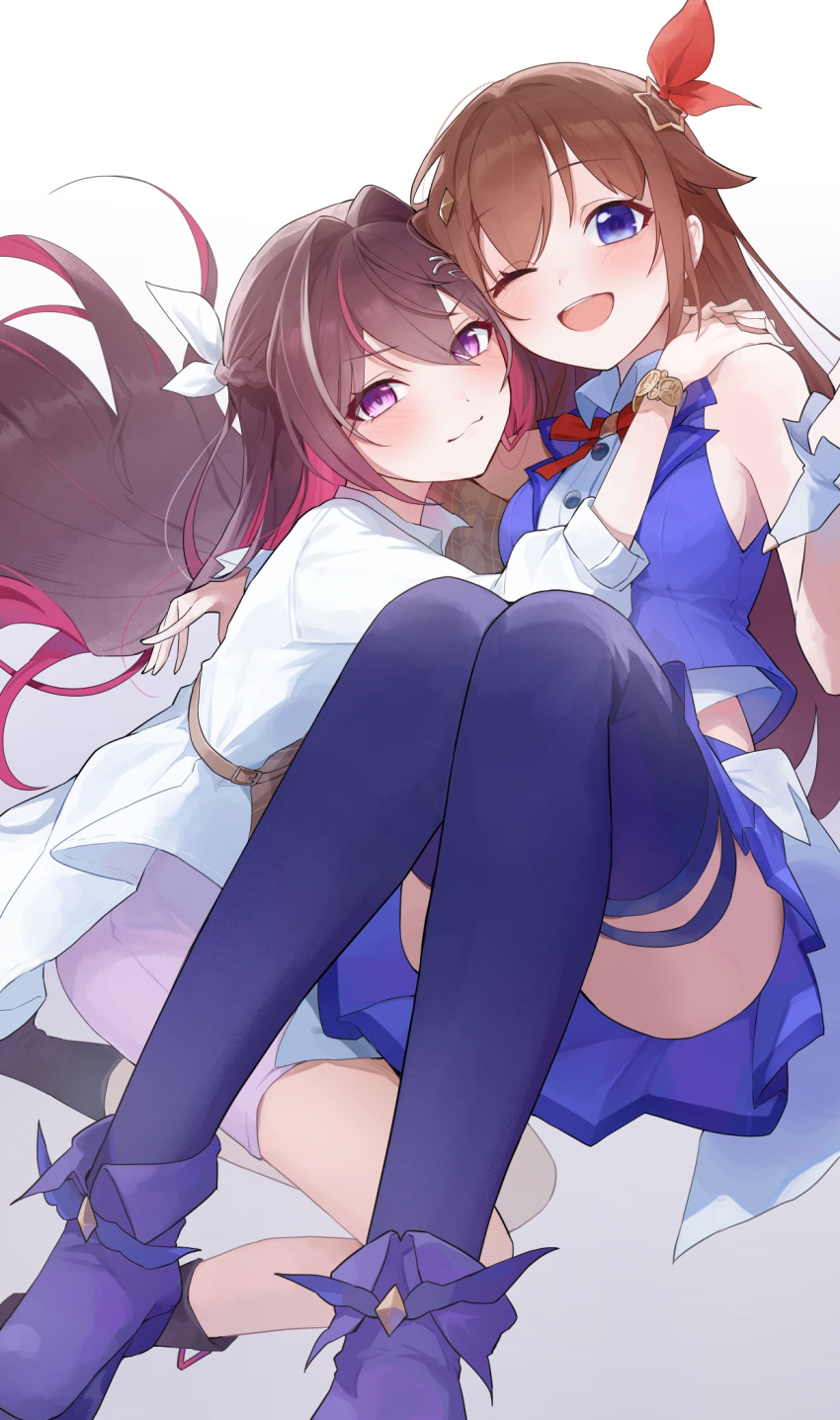 2girls ;d arms_around_neck azki_(4th_costume)_(hololive) azki_(hololive) bare_shoulders black_footwear blue_eyes blue_skirt blue_vest brown_hair brown_jacket collared_shirt colored_inner_hair commentary convenient_leg hair_intakes hair_ribbon highres hololive jacket knees_up long_hair looking_at_viewer multicolored_hair multiple_girls one_eye_closed open_mouth pink_eyes purple_footwear red_hair red_ribbon ribbon shirt skirt sleeveless sleeveless_shirt sleeves_past_elbows smile thighhighs tokino_sora tokino_sora_(1st_costume) uohara_shinji vest virtual_youtuber white_jacket white_ribbon white_shirt white_thighhighs