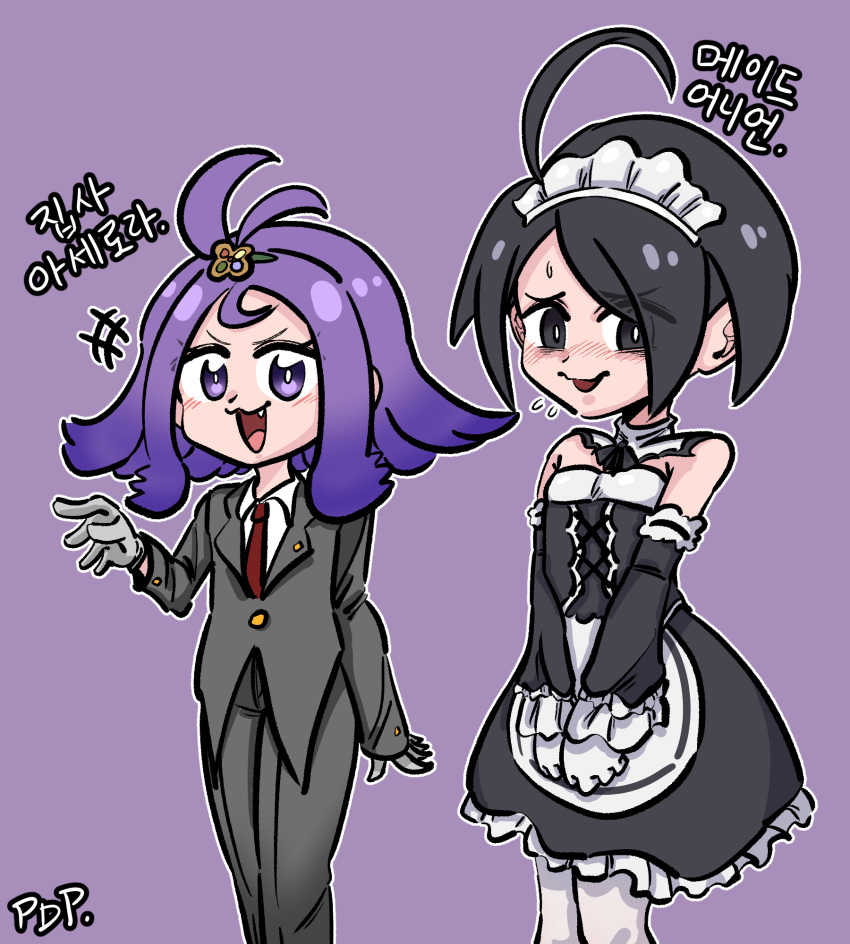 1boy 1girl acerola_(pokemon) ahoge allister_(pokemon) alternate_costume apron black_hair collared_shirt commentary_request crossdressing embarrassed fang flying_sweatdrops gloves grey_gloves highres korean_text looking_at_viewer maid maid_apron maid_headdress necktie open_mouth outline pdp_(ksg950815) pokemon pokemon_sm pokemon_swsh purple_background purple_eyes purple_hair red_necktie shirt sweat translation_request white_outline