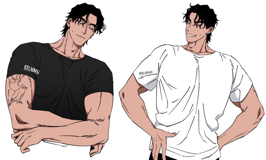 1boy balnom bara black_shirt contrast cropped_torso grin highres large_pectorals looking_at_viewer male_focus multiple_views muscular muscular_male pectorals shirt short_hair sideways_glance smile standing t-shirt undressing white_shirt