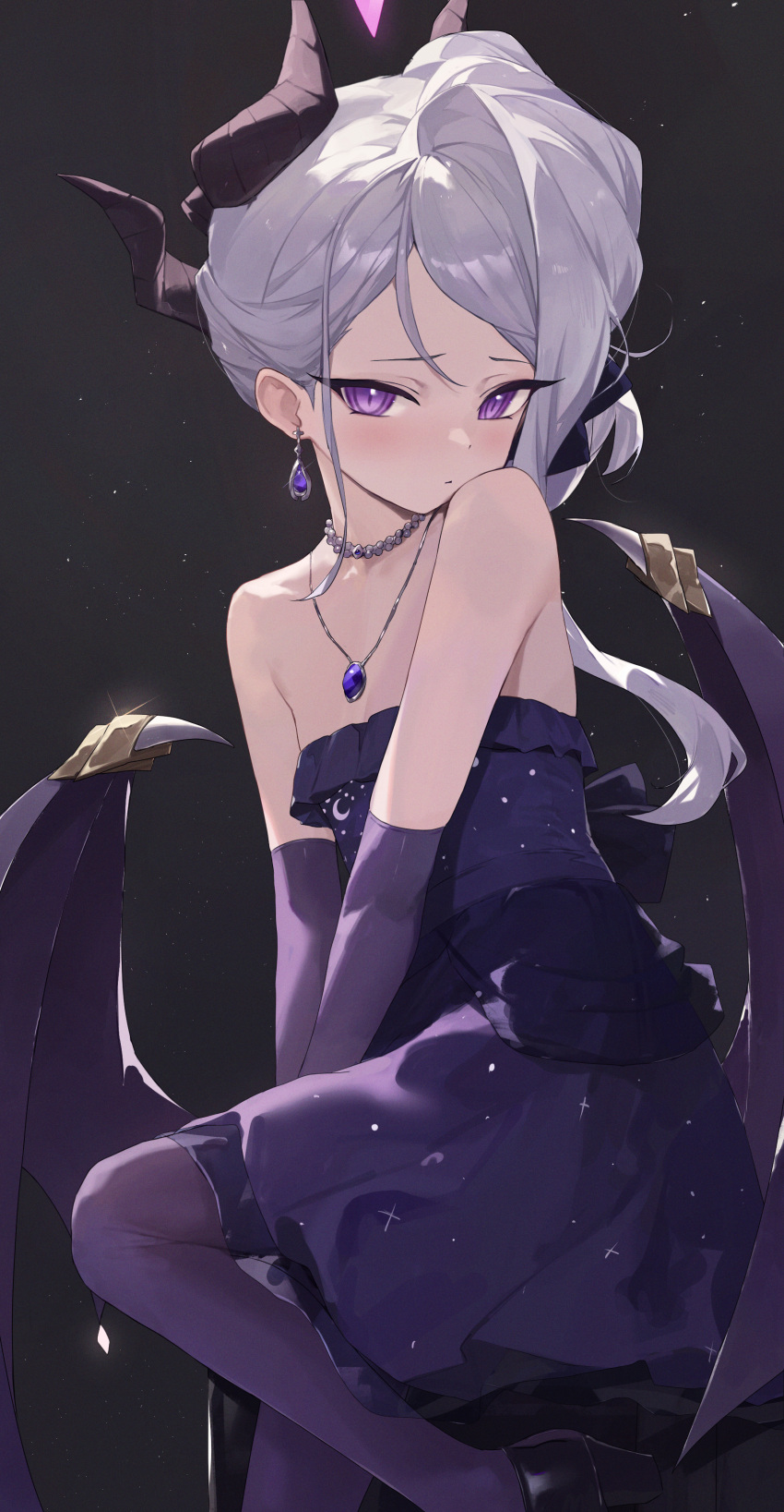 1girl absurdres asymmetrical_sidelocks bare_shoulders blue_archive blush demon_horns demon_wings dress earrings flat_chest gem glint gloves grey_hair highres hina_(blue_archive) hina_(dress)_(blue_archive) horns jewelry looking_at_viewer necklace official_alternate_costume pantyhose purple_dress purple_eyes purple_gloves purple_hair purple_pantyhose solo strapless strapless_dress toi1et_paper wings