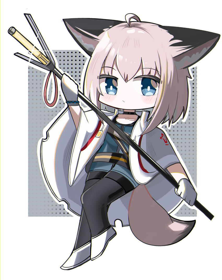 1girl ahoge animal_ear_fluff animal_ears arknights black_choker black_pantyhose blue_dress blue_eyes blush brown_hair choker closed_mouth collarbone dress fox_ears fox_girl fox_tail full_body gloves hair_between_eyes highres holding jacket outline pantyhose shoes solo spam_(spamham4506) sussurro_(arknights) tail white_footwear white_gloves white_jacket white_outline