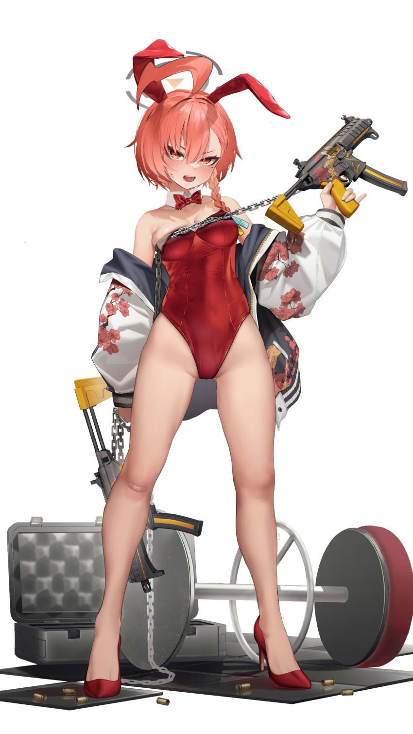 1girl absurdres ahoge animal_ears bare_shoulders blue_archive blush bow bowtie braid breasts bullet commentary_request detached_collar dual_wielding dumbbell fake_animal_ears floral_print full_body gun halo high_heels highleg highleg_leotard highres holding holding_gun holding_weapon huge_ahoge jacket korean_commentary leotard letterman_jacket long_sleeves looking_at_viewer mole mole_under_eye neru_(blue_archive) neru_(bunny)_(blue_archive) nine_(kanine41) open_mouth orange_hair parted_bangs playboy_bunny puffy_long_sleeves puffy_sleeves red_bow red_bowtie red_eyes red_footwear red_leotard short_hair sig_mpx single_braid small_breasts solo standing strapless strapless_leotard submachine_gun v-shaped_eyebrows weapon white_jacket