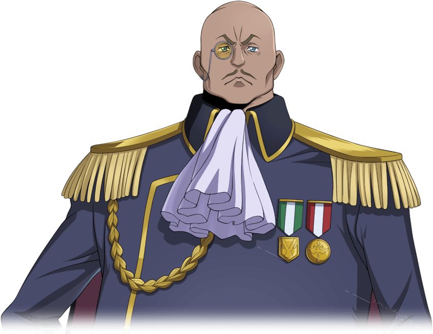 1boy arms_at_sides artist_request ascot bags_under_eyes bald bartley_asprius blue_eyes blue_jacket cape closed_mouth code_geass code_geass:_lost_stories cropped_torso dark-skinned_male dark_skin earrings epaulettes fat fat_man furrowed_brow game_cg grey-framed_eyewear jacket jewelry long_sleeves looking_at_viewer male_focus medal military_uniform monocle non-web_source official_art pencil_mustache red_cape simple_background single_earring solo tinted_eyewear transparent_background uniform v-shaped_eyebrows white_ascot yellow-tinted_eyewear