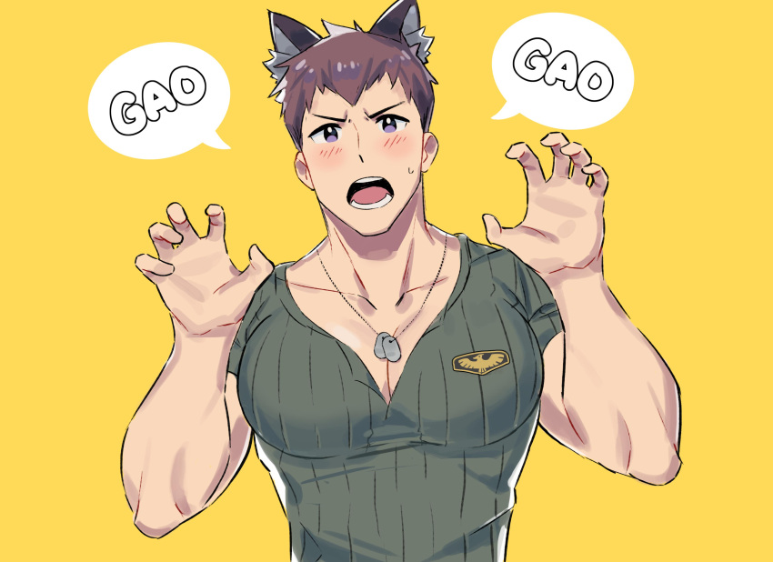 1boy absurdres animal_ears bara blush brown_hair green_shirt highres idolmaster idolmaster_side-m large_pectorals male_focus milkiato muscular muscular_male open_mouth paw_pose pectoral_cleavage pectorals purple_eyes shingen_seiji shirt short_hair simple_background solo upper_body wolf_boy wolf_ears yellow_background