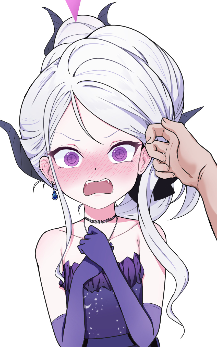 1girl 1other absurdres bigmt_kid black_horns blue_archive blush demon_horns halo highres hina_(blue_archive) hina_(dress)_(blue_archive) horns long_hair looking_at_viewer multiple_horns open_mouth purple_eyes simple_background solo_focus white_background white_hair