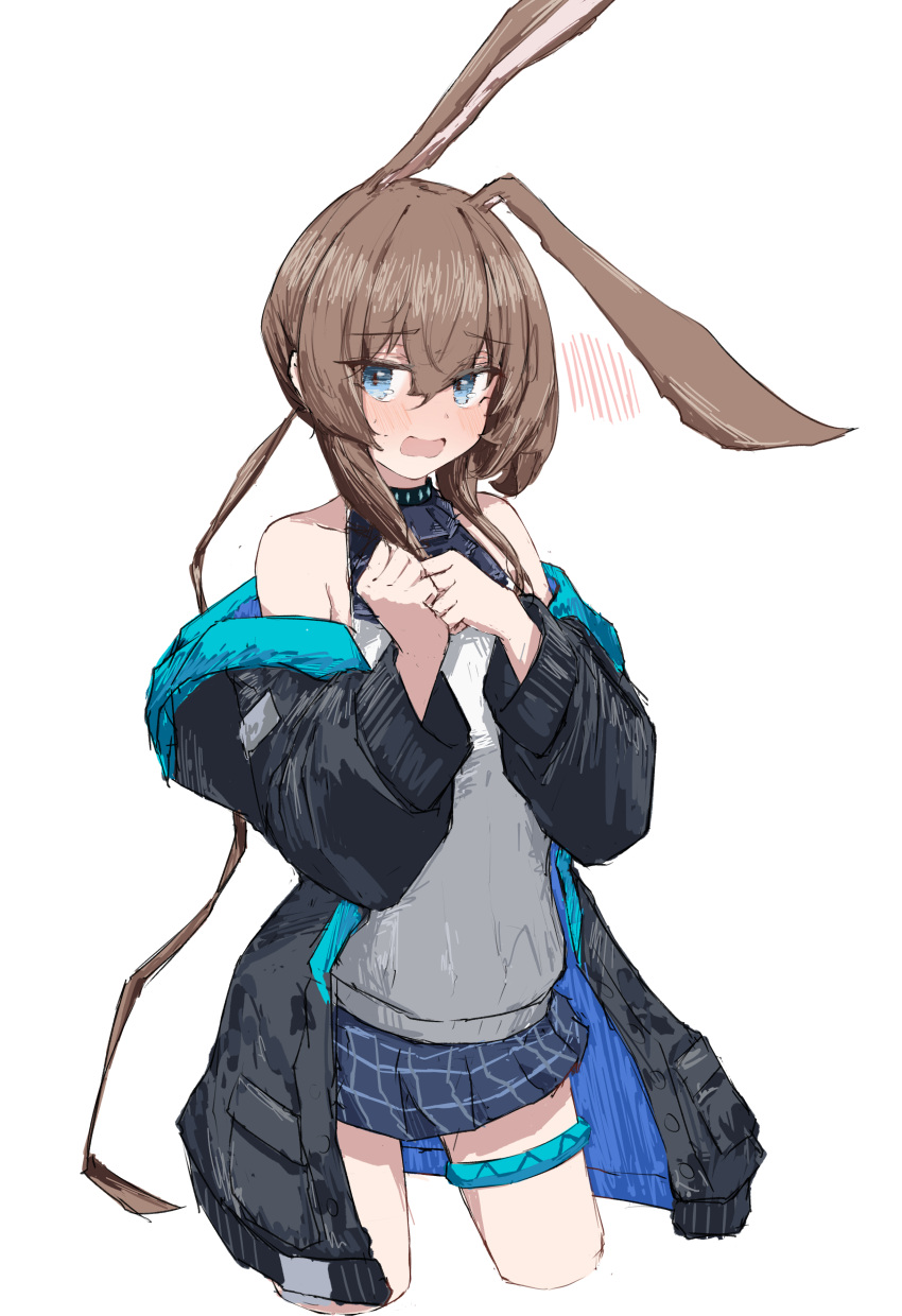 1girl absurdres amiya_(arknights) animal_ears arknights ascot bare_shoulders black_jacket blue_eyes blue_skirt blush brown_hair clenched_hands commentary_request hands_up highres jacket long_hair long_sleeves looking_at_viewer off_shoulder open_clothes open_jacket open_mouth ponytail puffy_long_sleeves puffy_sleeves rabbit_ears rabbit_tail shirt skirt solo tail thigh_ring tobildesu white_shirt