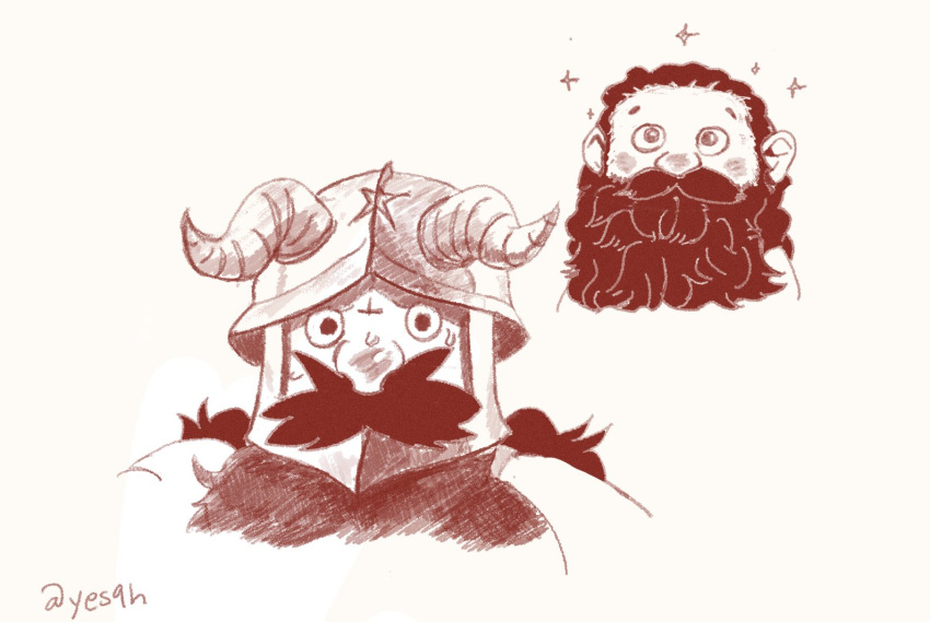 1boy alternate_race bara beard comic_panel_redraw cropped_shoulders derivative_work dungeon_meshi dwarf facial_hair fake_horns helmet horned_helmet horns long_beard looking_at_viewer male_focus multiple_views red_theme senshi_(dungeon_meshi) sparkling_aura sweat thick_mustache very_long_beard yosah_(yes9h)