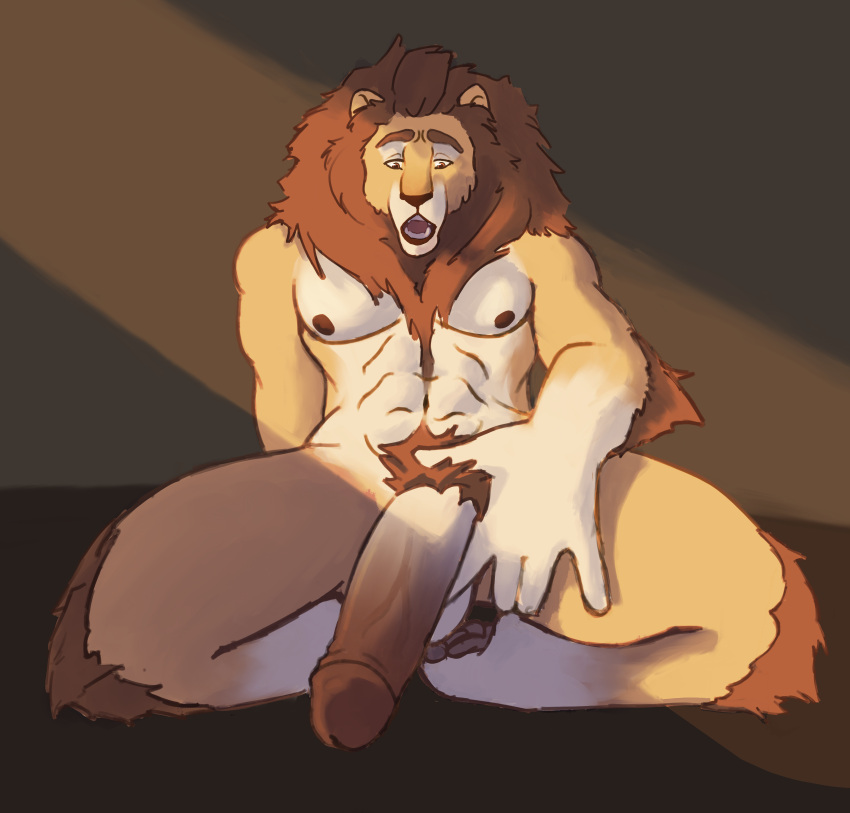 abs absurd_res anthro arm_tuft brown_body brown_fur daegon_(artist) dim_lighting elbow_tuft felid fur genitals hand_on_leg hi_res humanoid_genitalia humanoid_penis knee_tuft leg_tuft lion male mammal nipples open_mouth pantherine pawpads penis pubes solo touching_balls touching_penis tuft yellow_body yellow_fur