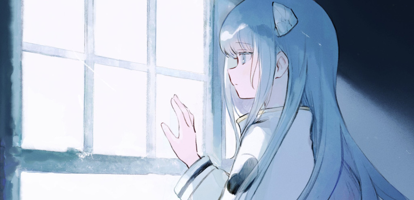 1girl blue_eyes blue_hair blunt_bangs closed_mouth commentary_request from_side hair_ornament hand_on_window hand_up highres indie_virtual_youtuber indoors key_visual long_hair long_sleeves looking_ahead official_art profile promotional_art solo somunia upper_body virtual_youtuber window yorunogumo