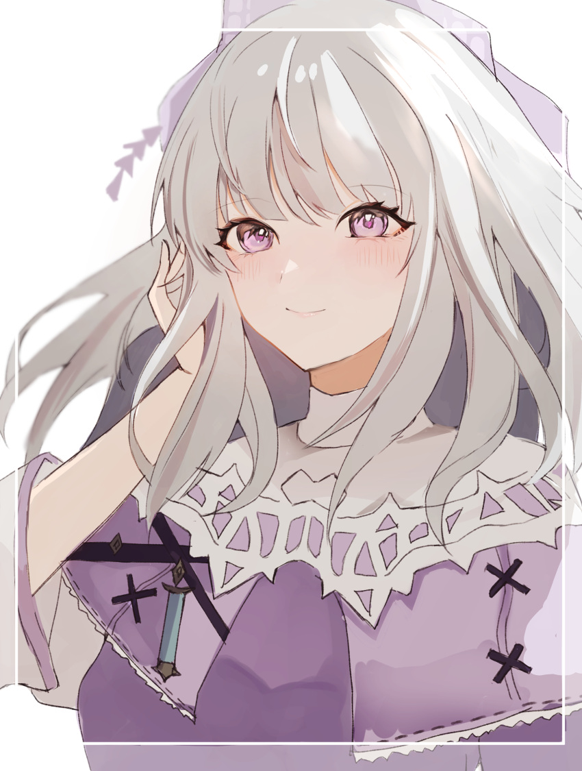 1girl capelet final_fantasy final_fantasy_xiv frilled_capelet frills hand_in_own_hair highres hyur light_blush long_sleeves medium_hair moiti110 portrait purple_capelet purple_eyes purple_shirt shirt smile warrior_of_light_(ff14) white_hair white_sleeves