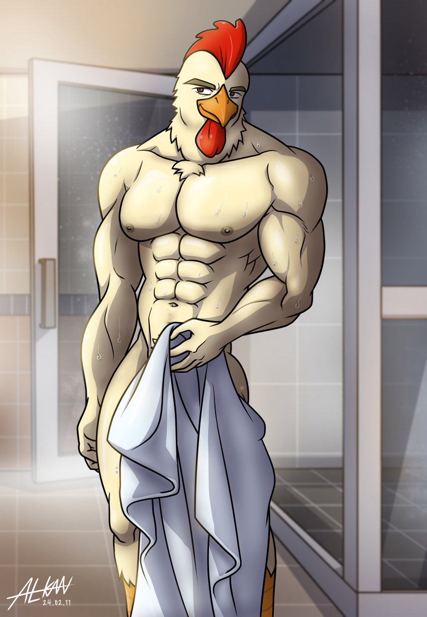 abs absurd_res alkan anthro avian bathroom bird brown_eyes chicken fur galliform gallus_(genus) hair henry_(alkan) hi_res male moobs muscular muscular_anthro muscular_male navel nipples nude nude_anthro nude_male pecs phasianid red_hair shower solo towel towel_only wet wet_body yellow_body yellow_fur