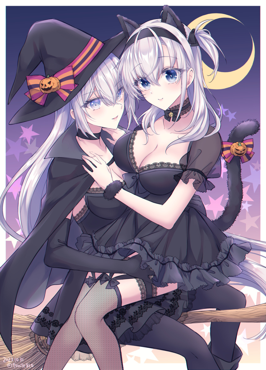 2girls alternate_costume animal_ears black_cape black_dress black_gloves black_headwear black_pantyhose black_thighhighs blue_eyes blush bow breasts broom broom_riding cape choker cleavage crescent dated dress elbow_gloves fake_animal_ears fuyutsuki_(kancolle) gloves hair_between_eyes halloween halloween_costume hat highres kabocha_torute kantai_collection large_breasts long_hair multiple_girls one_side_up pantyhose parted_lips short_sleeves smile star_(symbol) suzutsuki_(kancolle) tail tail_bow tail_ornament thighhighs twitter_username very_long_hair witch_hat yuri