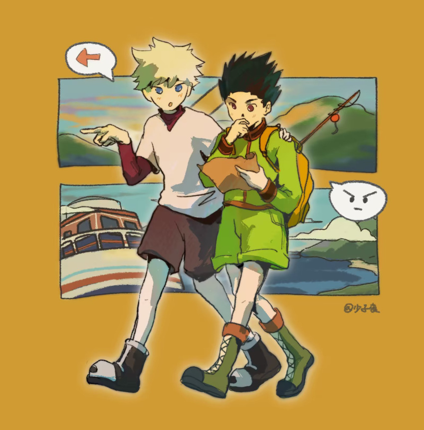 2boys backpack bag black_footwear black_hair blue_eyes blush boat boots brown_shorts chinese_commentary commentary_request gon_freecss green_footwear green_jacket green_shorts highres hunter_x_hunter jacket killua_zoldyck layered_sleeves long_sleeves male_focus mountain multiple_boys ocean open_mouth red_eyes red_shirt shao_ziye shirt short_over_long_sleeves short_sleeves shorts simple_background spiked_hair spoken_symbol twitter_username undershirt watercraft white_hair white_shirt yellow_background